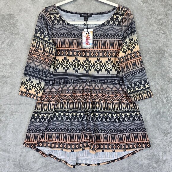 About A Girl Shirt Womens Large Black Blush Aztec Tunic 3/4 Sleeve Made USA Boho - Picture 1 of 13